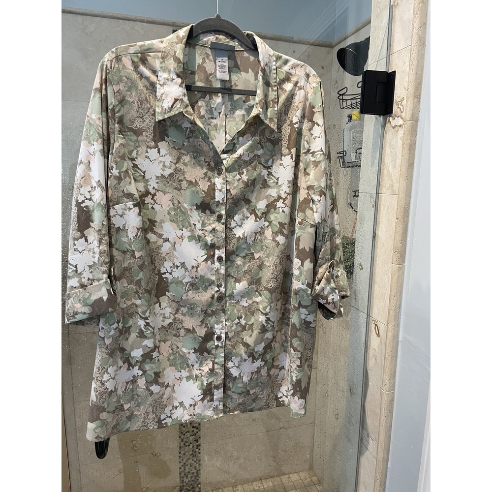 Catherines Women Neutral Floral Green Tan White 3/4 Sleeve Blouse 1X Plus
